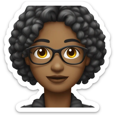 Uma mulher com cabelo escuro ,usando óculos de grau com armação preta com um colar de contas com uma pena  sticker