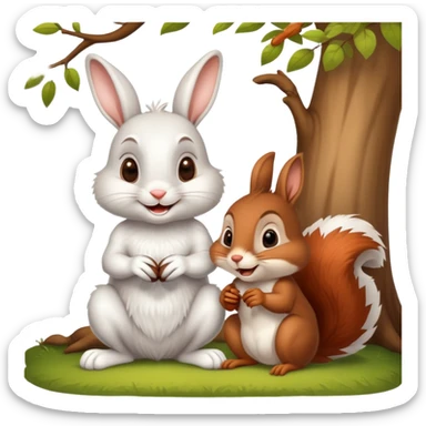 "The white rabbit and brown squirrel are sitting under a tree. The rabbit is smiling and suggesting a race to the squirrel. sticker