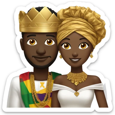Ghanaian bride and groom. Gold jewelry and gold head crown with white off shoulder dress. Kente Cloth sticker