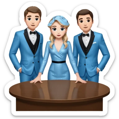 Sabrina carpenter in a light blue sparkly dress at a table with 3 handsome men, and she is standing up reaching over  sticker
