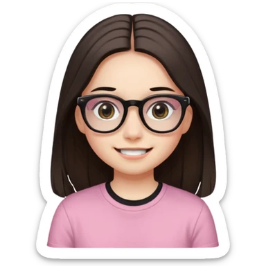 The girl with dark straight long hair, divided in the middle hairstyle, white skin, black eyes, wearing black shirt and tortoise framed glasses. The mounth is light old pink, smile with no teeth. sticker