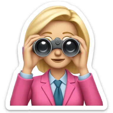 white female employee with loose blonde hair wearing intensive color pink suit looking in binoculars sticker
