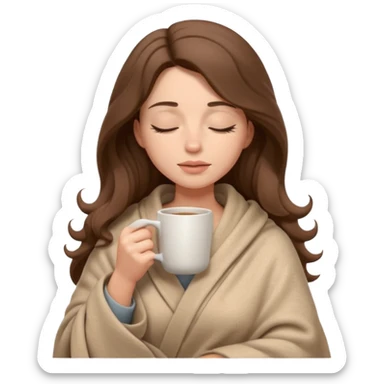 emoji-style illustration of a pretty relaxed woman with long wavy brown hair, wrapped in a cozy beige blanket, holding a mug cup, eyes closed, sad and a bit anxious expression, soft 3D cartoon rendering, warm and comforting mood, plain background
 sticker