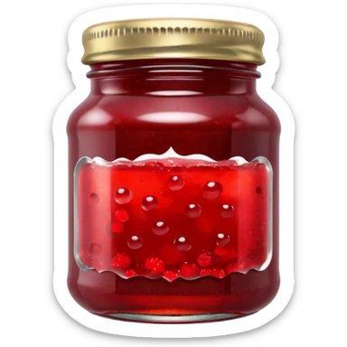 small glass jar filled with vibrant red jam, thick texture with air bubbles and fruit bits, simple metallic lid, small blank label, 3D-rendered, clean, softly lit, subtle reflections on glass, soft shadows, no anthropomorphic features, transparent background, emoji scale, high clarity sticker