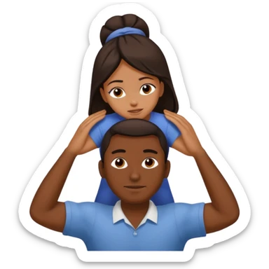 Woman sitting on the shoulders of a man massaging head sticker