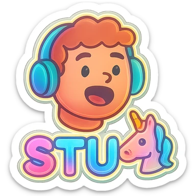 Apply a soft neon glow to the text 'STU 🦄' and the unicorn icon, using pastel neon colors for a dreamy effect, keep the background as is. sticker