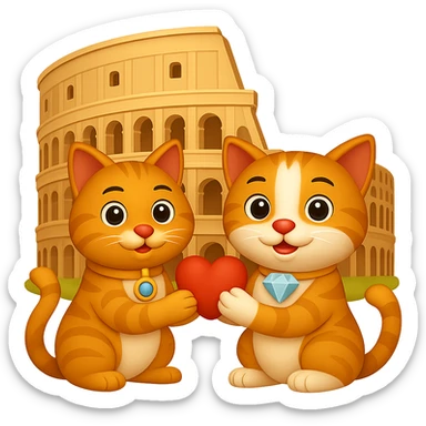 Make the Colosseum in the background much larger while keeping the happy cat proposal and the big diamond on the cat's collar. The style should resemble emoji style with a transparent background. sticker