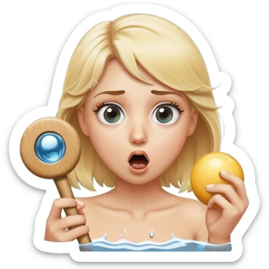 blond woman with wide eyes, holding a wide skin-colored stick with a round knob, both matching her skin tone, the knob has skin texture, water squirting from the knob into her mouth, shocked face sticker