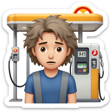 Disheveled person with anxious expression at a gas station pump sticker