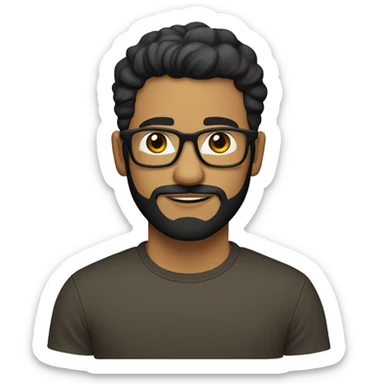 Hispanic male who wears glasses with a black frame and is in their 30s. The skin is a slight than lighter olive complexion. They wear glasses with a black frame and eye color is brown. He has a fuzzy beard with a mustache and is wearing a hacker tshirt. sticker