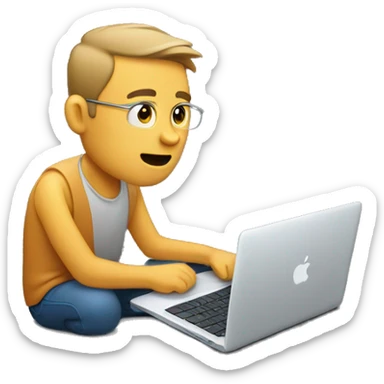 a man looks at a macbook style computer from the front. a modern one sticker