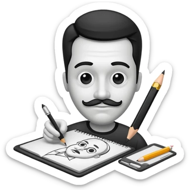 Create an icon representing the process of creating a black-and-white caricature. Include a pencil, a sketchpad with a humorous, exaggerated figure, and inking tools. Use bold lines and shading, with a transparent background. sticker