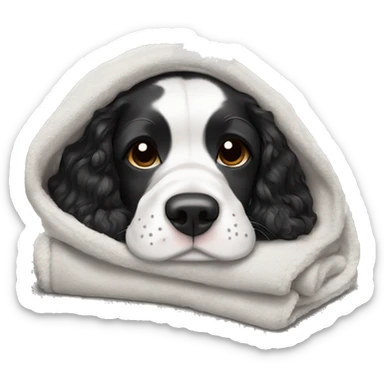 Black and white Dog Springer spaniel sleeping in blanket cozy sticker