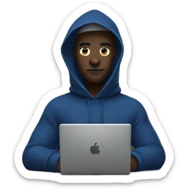 A man in a dark blue hoodie with a capelet on his head, his face not visible in the shadows, is sitting at a computer. sticker