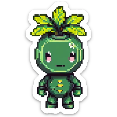Green bomberman character, nature themed design, plant-like antenna, friendly expression, cute pixel art style sticker
