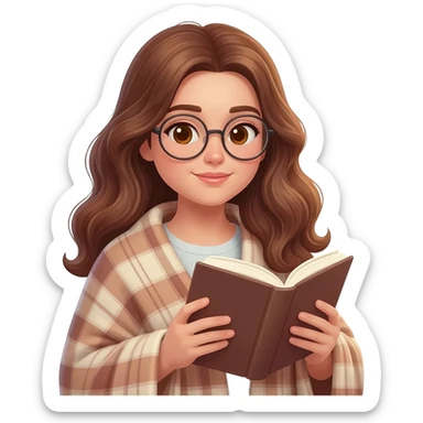 detailed emoji illustration of a curvy woman with long chestnut brown wavy hair, light brown eyes and round glasses, wrapped in a cozy plaid blanket and reading a book, calm peaceful expression, soft warm lighting, cute emoji style sticker