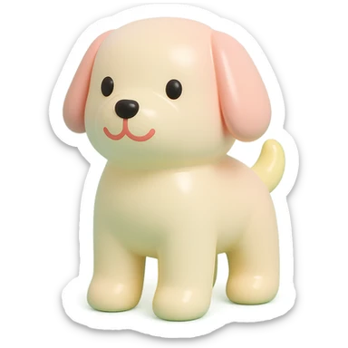               Transform {subject} into a soft vinyl figure with a smooth, glossy surface. The material should look slightly rubbery and tactile, with minimalistic curves and a matte-gloss hybrid finish. Use pastel or soft solid colors. The surface is seamless, with no visible textures or roughness. Studio lighting, vibrant background, clean, playful, designer toy aesthetic and no shadows. {subject} = dog, make sure the mouth has nice outlines sticker