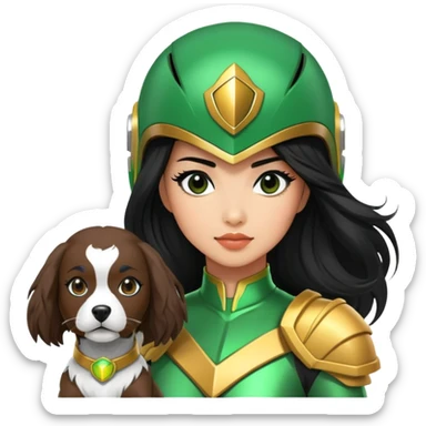 female green power ranger with wasian features, long black hair flowing from helmet, cockapoo dog at her side sticker