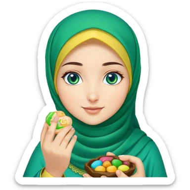 Turkish beautiful finish Konya girl blue eyes with green emerald yellow hijab islamic dress and had on her hand text Eid Mubarak with sweets and celebrating with her friends eid days   sticker