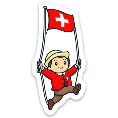 A traditional swiss man swinging a swiss flag above his head sticker