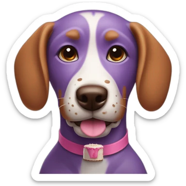 a purple dog with a brown nose and a pink collar with a bone eat cake sticker