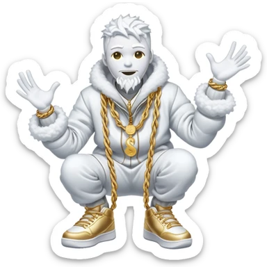 Snow elemental shaped more like a human—think tall, jointed limbs, maybe even facial expressions made of snow flaunting money wearing gold rope chain with jacket and Jordan sneakers sticker