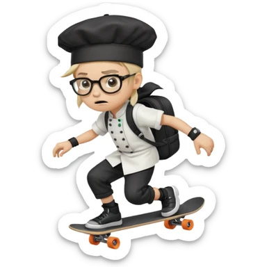 ["An angry boy with light skin, ponytail, wearing a chef hat and square glasses, dressed in goth fashion, is skateboarding while holding a backpack."] sticker