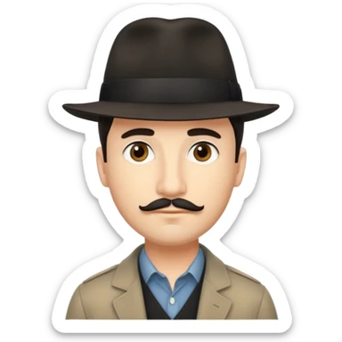A light-skinned man with short dark hair, thin straight mustache, and a black fedora, with an oval face and calm look. sticker