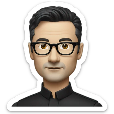 small Hyper realistic Ralf Hutter from Kraftwerk, short straight black hair, black glasses, thin, black shirt, side view, riding open top black tesla model 3 sticker