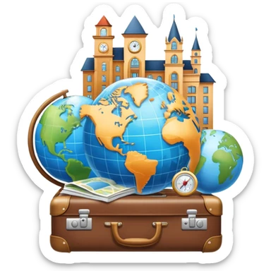 An icon featuring a suitcase, 1 globe, and a hotel building, symbolizing tourism and hospitality studies. The design includes a map and compass, representing travel research and industry analysis. Transparent background sticker