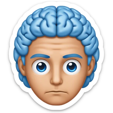 All blue adult person face emoji with a brain for hair and serious expression sticker
