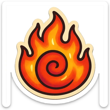 retro sticker style drawing of a flame with a spiral core, bold outlines, juicy colors, dramatic highlights and shadows, whimsical and fun fire sticker