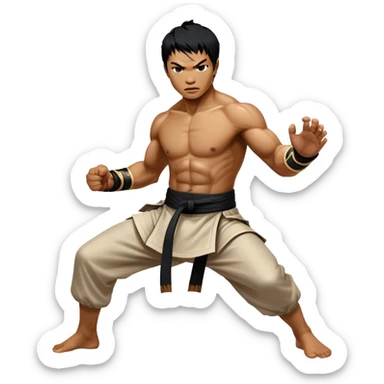 Tony Jaa – Cinematic Realistic Portrait of Tony Jaa, depicted as a dynamic martial arts warrior with intense eyes and a powerful stance in traditional Thai fighting attire, rendered in mid-motion with dramatic lighting and high-detail textures that capture his raw physicality and grace. sticker