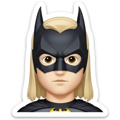 A teen with a middle part wearing a Batman mask sticker