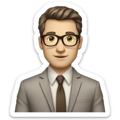 in front of a marker board Pale skinned fit man with dark brown hair in gray jacket, beige office shirt, brown tie, brown pants and vintage glasses. sticker