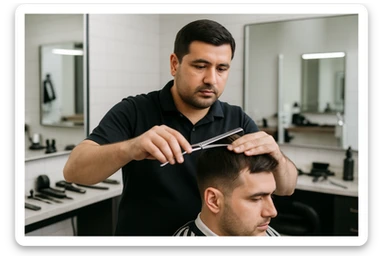 shu odamni sartaroshxonada mijozlarni sochini olayotganin  tasvirlab ber juda yosh ham katta ham bo'lmasin semiz ham bo'lib ketmasin o'smirin davrini yuzi ko'rinmasin sticker