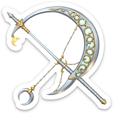 bow weapon, Elegant silver bow weapon with glowing string, crescent-moon motifs. sticker