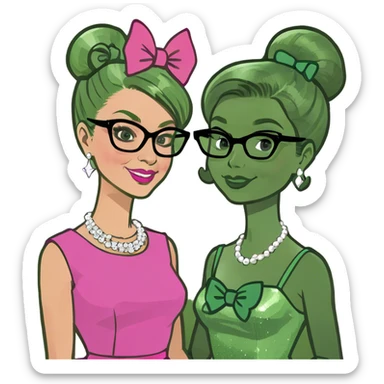 ￼ barbie talking to her creator Rut Handler on background with both of them looking at each other sticker