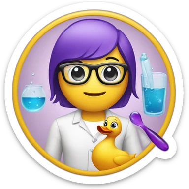 all the emojies are iphone styled, rubber duck faced to the side (3rd person), holding a lab glass full with purple liquid and having glasses sticker