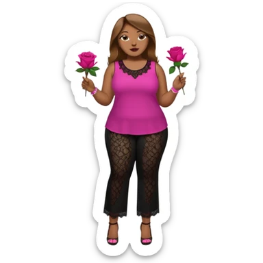 A plus-size Black woman with long, straight, light brown hair is wearing a fuchsia sleeveless shirt and black lace pants. She is standing with fuchsia-painted nails and is holding a rose. sticker
