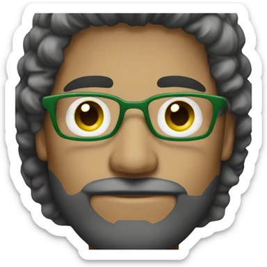 homem branco, olhos verdes, cabelo grisalho e barba, usa óculos sticker