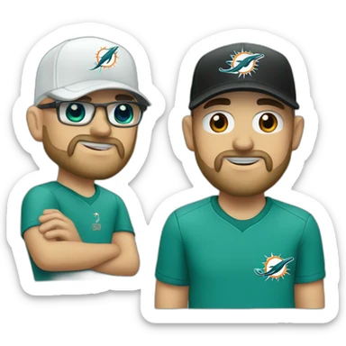 white bald and bearded man wearing a black cap and a headset with a miami dolphins t-shirts sticker