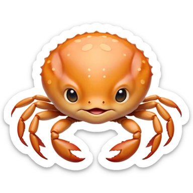 Cinematic Cute Baby Crab Portrait Emoji, Head tilted playfully and inquisitively, featuring an adorably small form with a delicately patterned carapace, round, sparkling eyes, and tiny, endearing pincers, Simplified yet irresistibly adorable features, highly detailed, glowing with a warm, friendly coastal glow, high shine, affectionate and lively, stylized with a touch of seaside whimsy, soft glowing outline, capturing the essence of a mischievous yet loving baby crab that seems as if it could pinch its way out of the screen into your arms! sticker