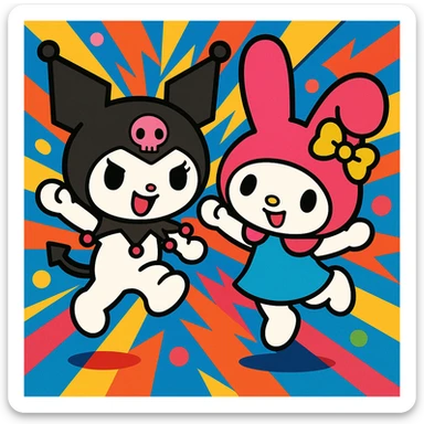 Kuromi and My Melody together, energetic pose, bold colors sticker