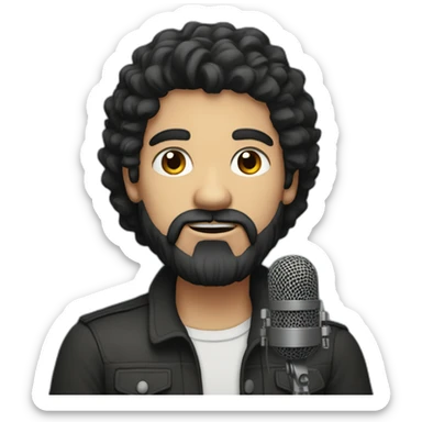 A stocky man with a black beard and thick hair and a microphone sticker