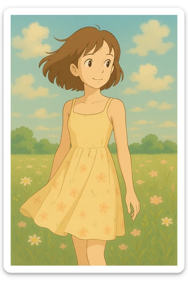 Make the dress butter yellow with thin straps, keep the ghibli style, soft colors, gentle lighting. sticker
