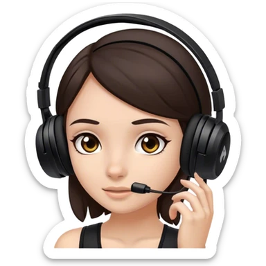 girl with dark brown hair and a black gaming headset with a foot in her face sticker