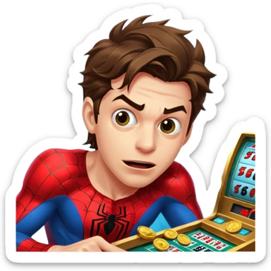 disheveled spiderman losing money at a slot machine, panicked face, coins flying sticker