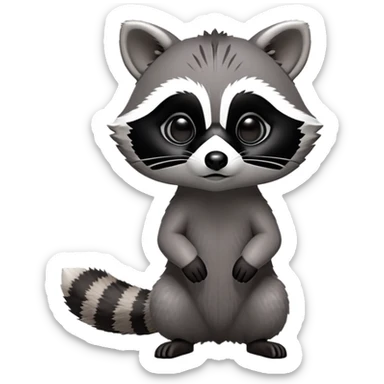 Cinematic-cute Raccoon-Realistic-hunched Full-Body on all fours-Emoji – Tail flicking lazily, head tilted dramatically, thick grey fur with a signature black mask, sharp and alert ears, simplified yet realistic focused features, highly detailed, glowing with an almost sarcastic glow big black eyes realistic body sticker
