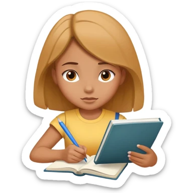 Young girl reading a notebook, focused expression, studying sticker